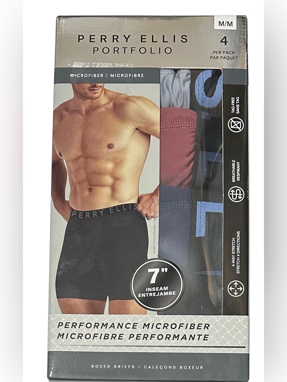 Perry Ellis Men's 4- Microfiber Boxer Briefs MED (32-34) Gray/Red/Blue/Black